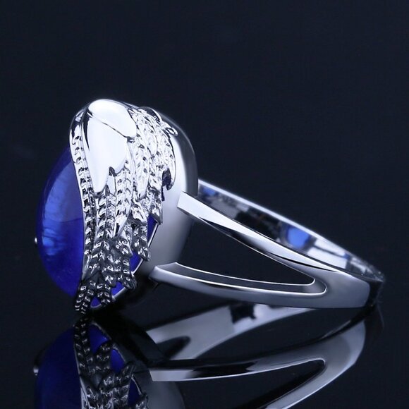 ✨ Dainty Angel Wings Oval Royal Blue Gemstone Silver Angel Wings Ring, VIP566 - Picture 3 of 6